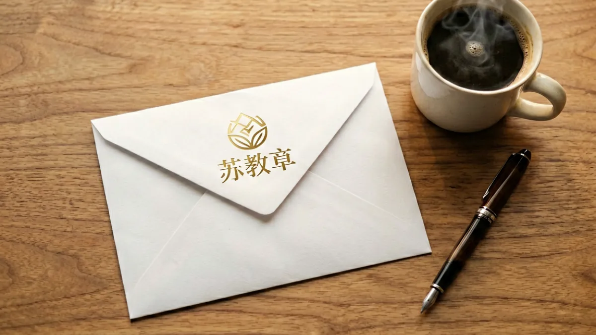 俺去夜联系页示意，一封写有品牌名称的信件放置在办公桌上，旁边有一杯咖啡