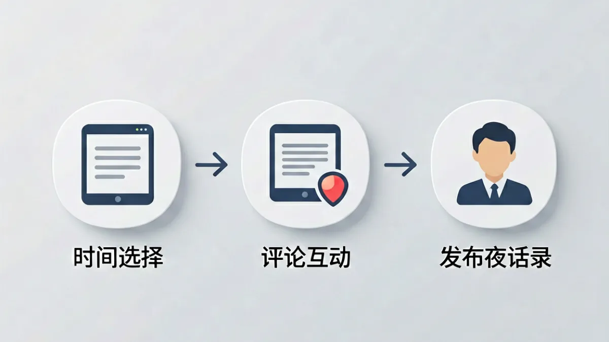 俺去夜新手操作流程图，标注了内容发布时间选择、互动方式与推荐机制三个关键步骤