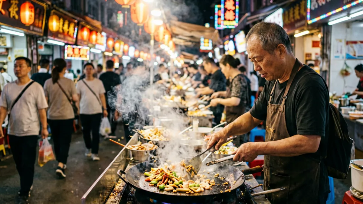 俺去夜精选里一段户外探店实景内容的画面，主持人手持话筒站在夜市摊位前